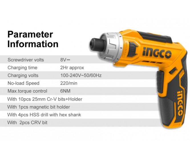 INGCO 8V 6NM 90° Rotatable LithiumIon Cordless Screwdriver with